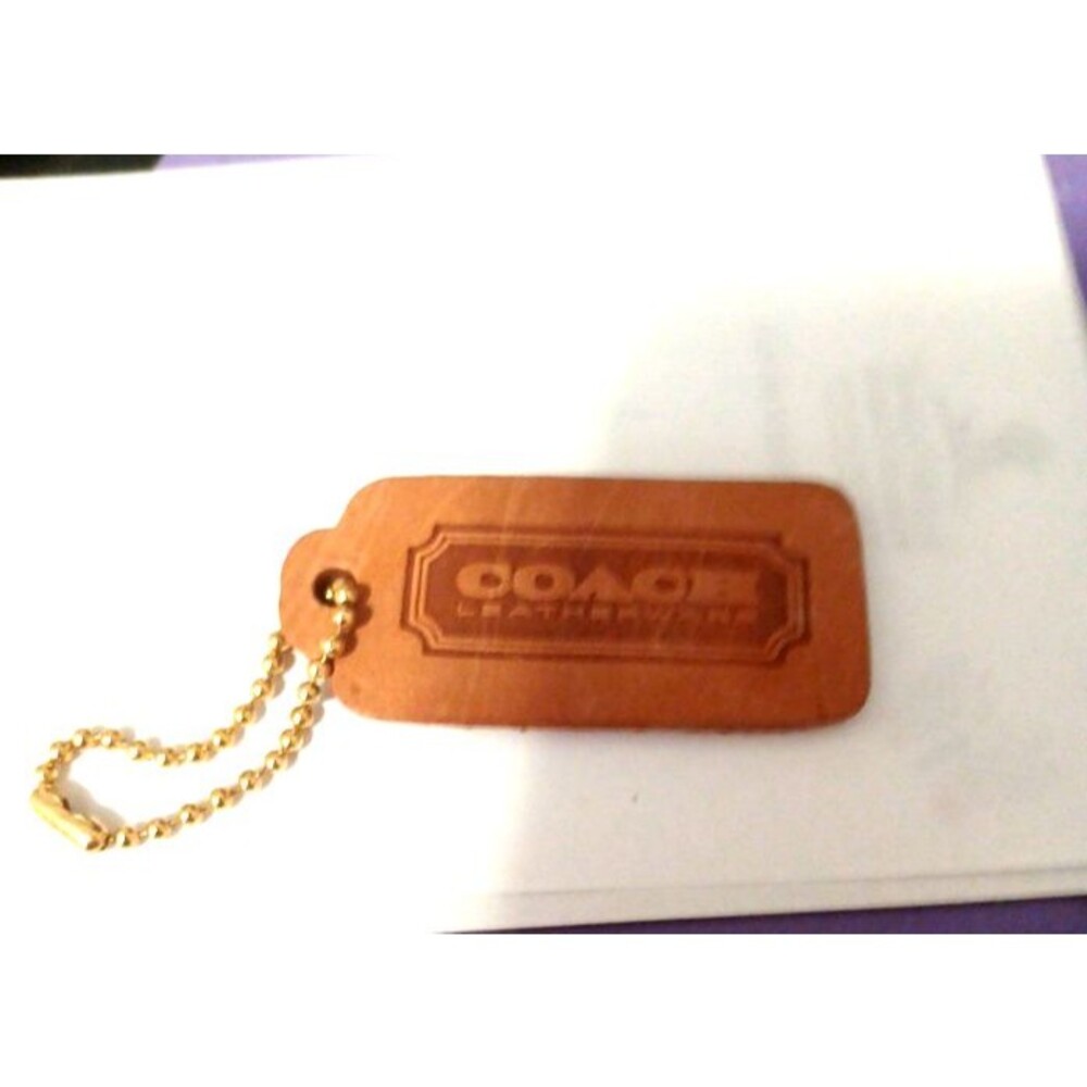 Vintage Coach Brown Leather Double-Sided Hang Tag with Brass Ball Chain